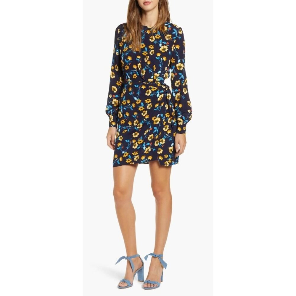 ASTR The Label Apron Front Long Sleeve Navy Mustard Floral Tie Wrap Dress Med - Picture 2 of 10
